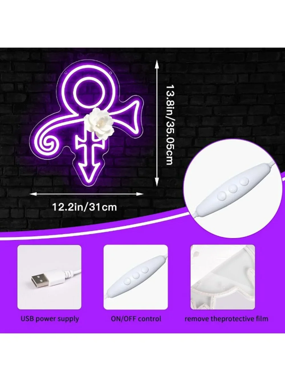 Purple LED Music Symbol Neon Wall Decor Light for Man Cave or Music Room